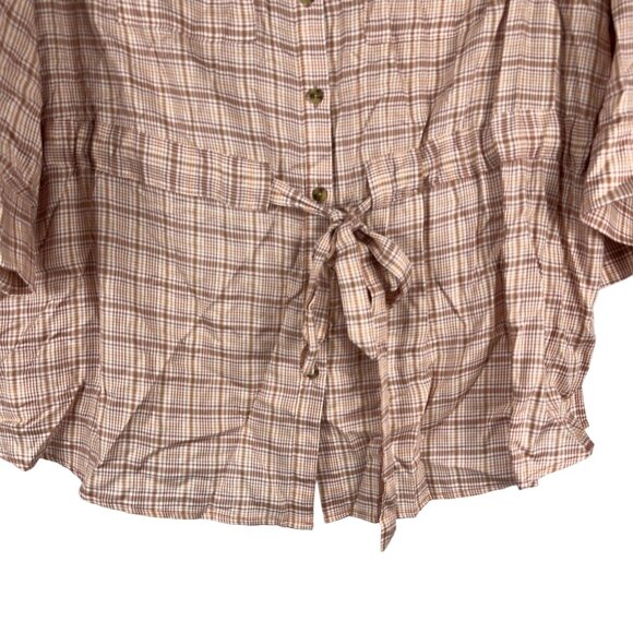 Cato Womens Plus Size 22/24W Plaid Button Front Blouse Pink Beige Tie Waist - Picture 3 of 7